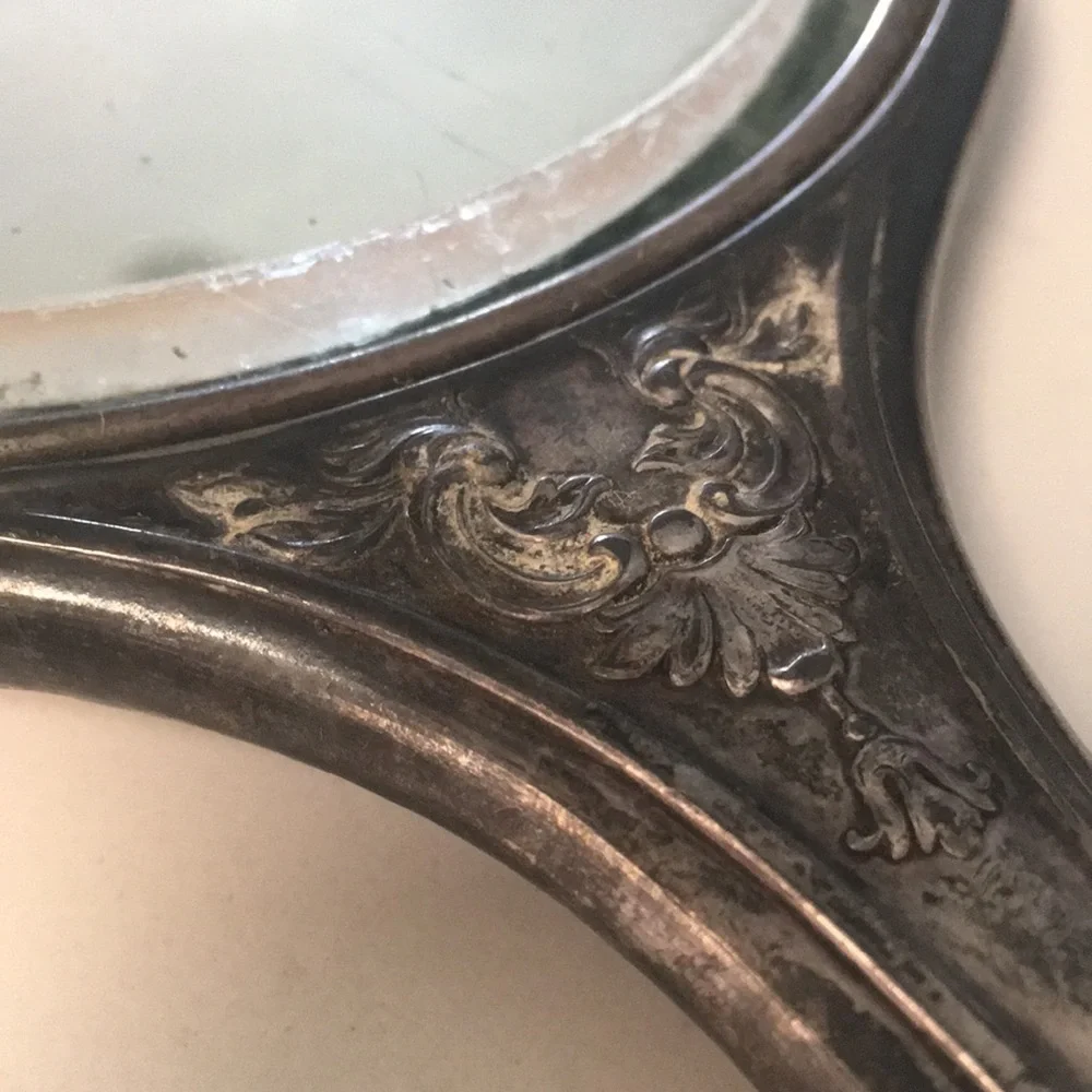 Vintage Sterling Silver & Glass Hand Mirror Antique Vanity Gift